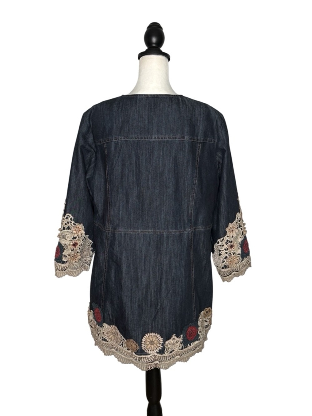Chicos Embroidered Lace Denim Jacket Duster • Size 2 /US L • 3/4 Sleeve - Picture 3 of 15